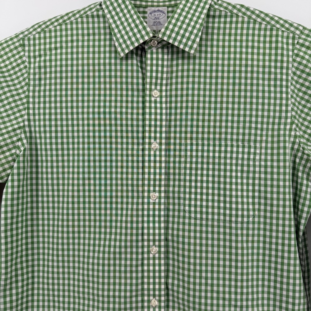 Brooks Brothers 346 Mens 16-2/3 Slim Fit Non-Iron Gingham Shirt Green White Prep - Picture 3 of 13